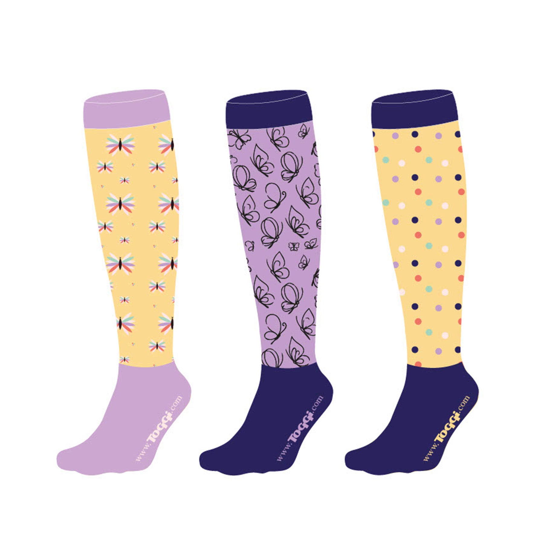 Womens Butterfly 3pk Socks Yellow/Lilac 4-8